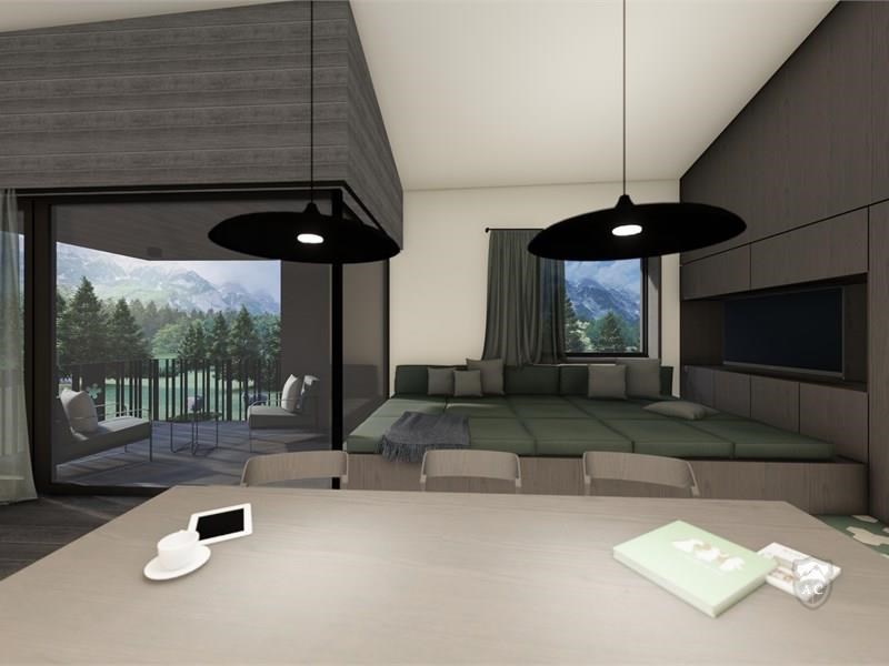 Blick auf die Lounge und die Terrasse animierte Darstellung